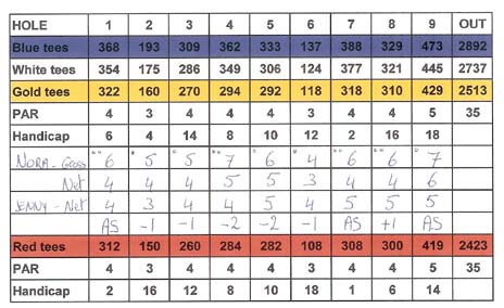 Golf score card for match play